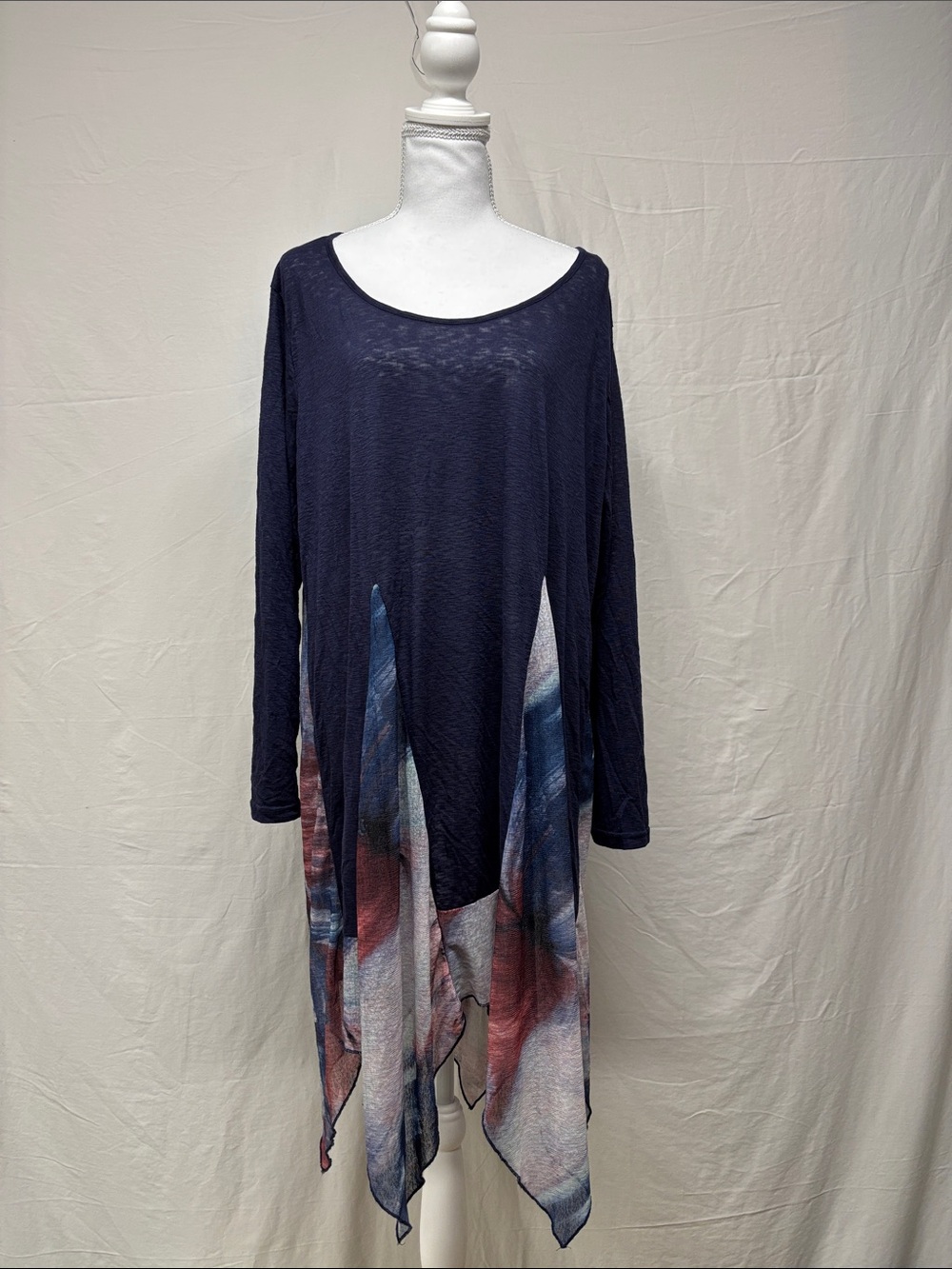 Relaxed Navy Handkerchief-Hem Tunic with Abstract Panel
